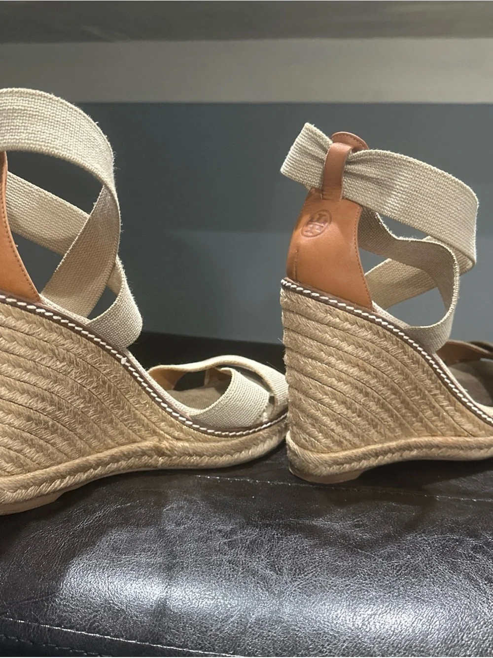 Tory Burch Frieda Espadrille Wedge Sandals Beige Ankle Strap Women 7.5M